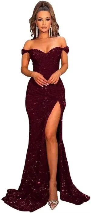 RSOETOO Sparkly Prom Dresses with Slit Long Mermaid Sequin Dress Off The Shoulder Ball Gowns Dress for Women RO032