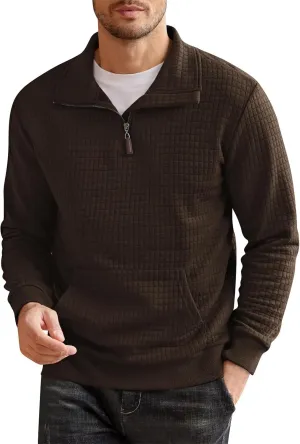 RTRDE Men's Sweatshirts Fashion Quarter Zip Sweatshirt Long Sleeve Solid Plaid Jacquard Pullovers Sweatshirts, S-4XL