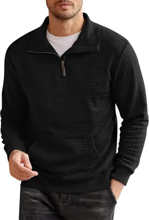 RTRDE Men's Sweatshirts Fashion Quarter Zip Sweatshirt Long Sleeve Solid Plaid Jacquard Pullovers Sweatshirts, S-4XL