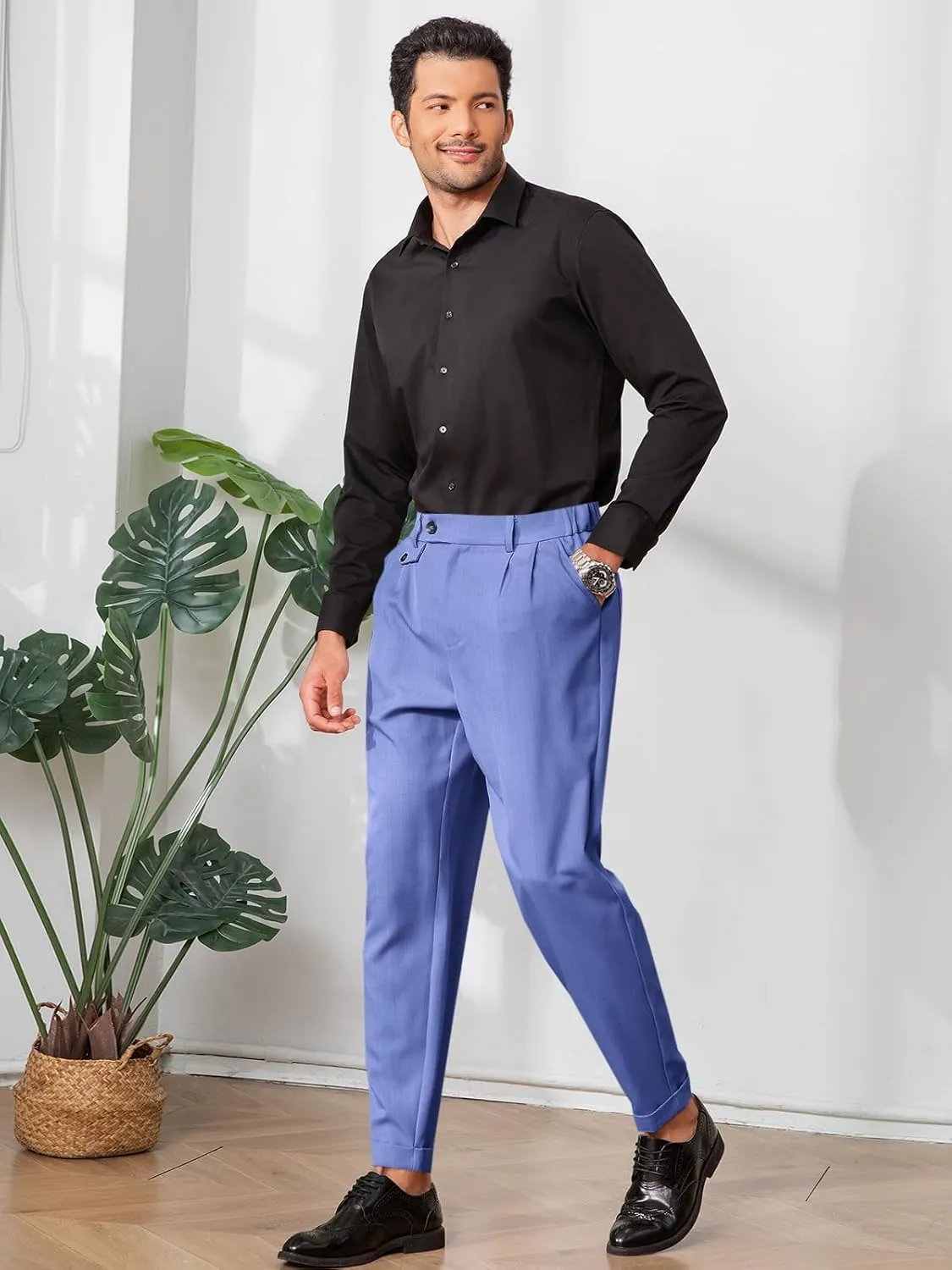 Runcati Mens Slim Fit Dress Pants Pleated Front Skinny Stretch Business Suit Trousers Classic Tapered Work Slacks