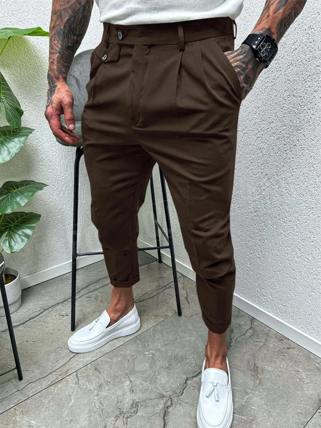 Runcati Mens Slim Fit Dress Pants Pleated Front Skinny Stretch Business Suit Trousers Classic Tapered Work Slacks