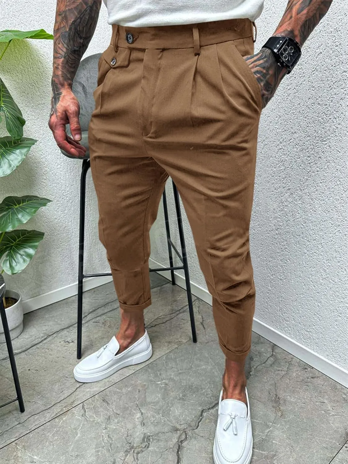Runcati Mens Slim Fit Dress Pants Pleated Front Skinny Stretch Business Suit Trousers Classic Tapered Work Slacks