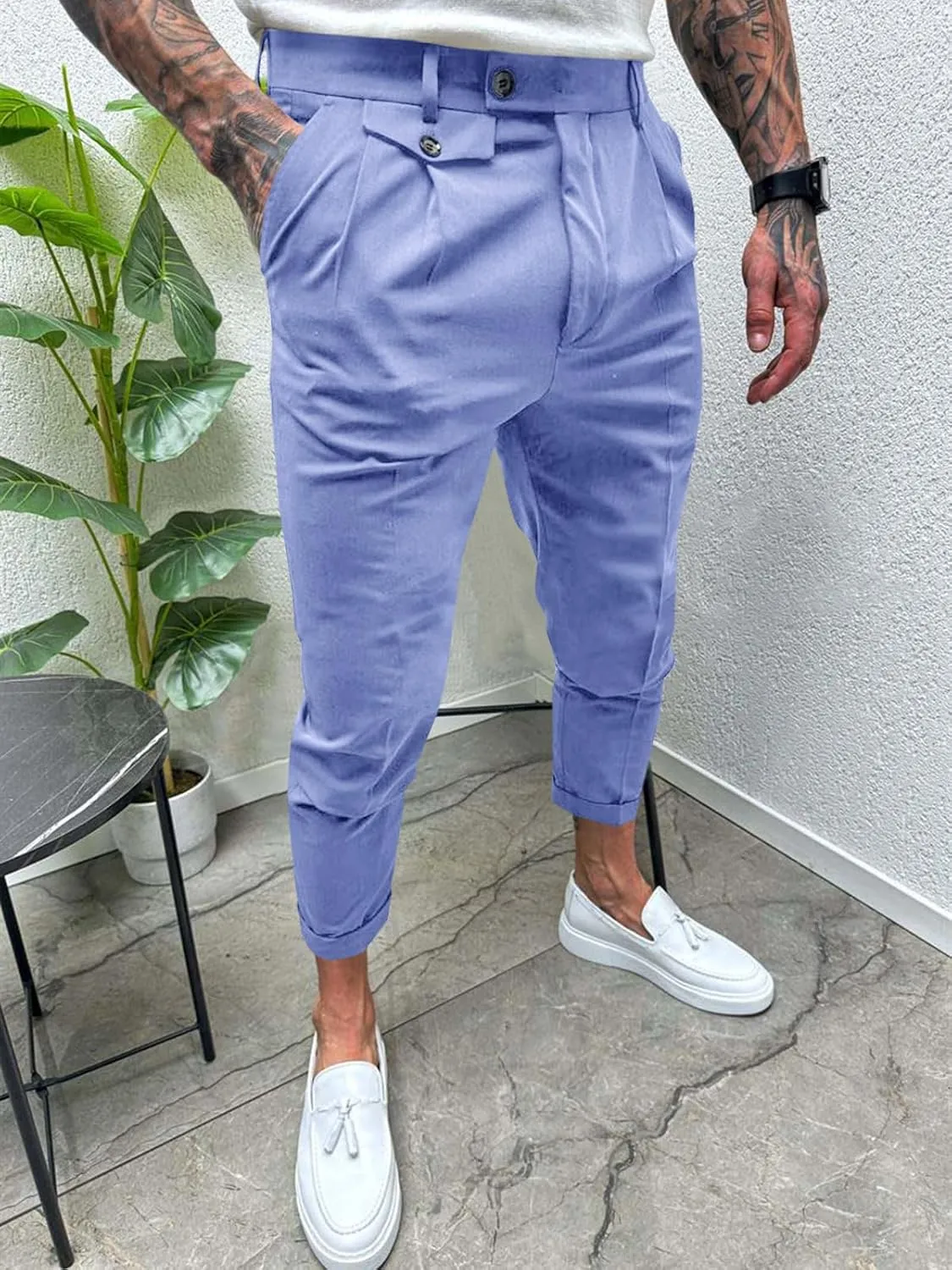 Runcati Mens Slim Fit Dress Pants Pleated Front Skinny Stretch Business Suit Trousers Classic Tapered Work Slacks