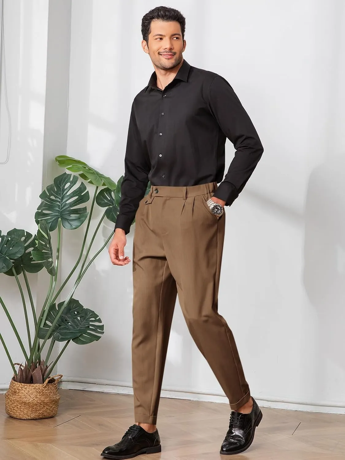 Runcati Mens Slim Fit Dress Pants Pleated Front Skinny Stretch Business Suit Trousers Classic Tapered Work Slacks