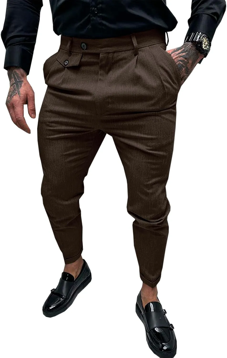 Runcati Mens Slim Fit Dress Pants Pleated Front Skinny Stretch Business Suit Trousers Classic Tapered Work Slacks