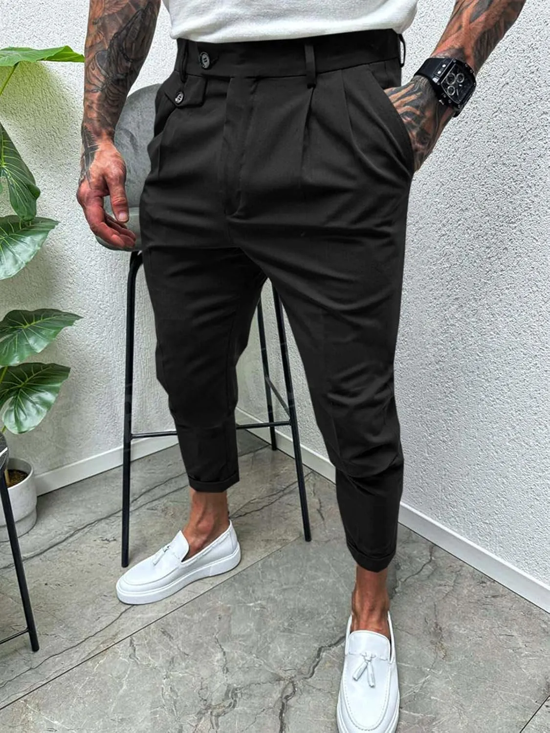 Runcati Mens Slim Fit Dress Pants Pleated Front Skinny Stretch Business Suit Trousers Classic Tapered Work Slacks