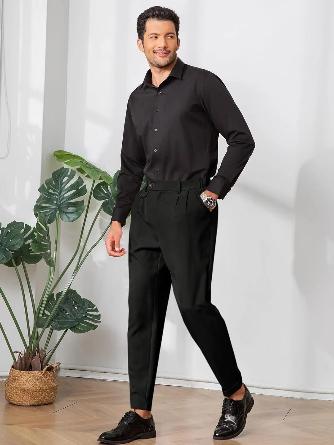 Runcati Mens Slim Fit Dress Pants Pleated Front Skinny Stretch Business Suit Trousers Classic Tapered Work Slacks