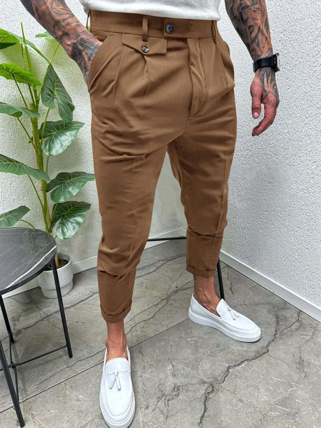 Runcati Mens Slim Fit Dress Pants Pleated Front Skinny Stretch Business Suit Trousers Classic Tapered Work Slacks