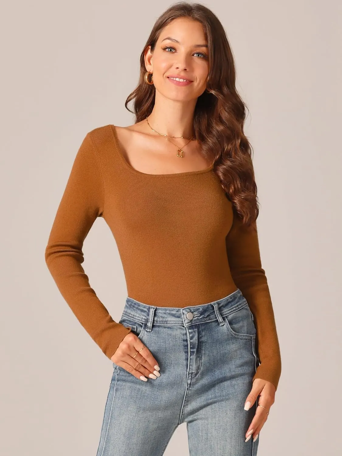 Seta T Women's Fall Winter Square Neck Long Sleeve Sweater Bodysuit Blouse Casual Tops