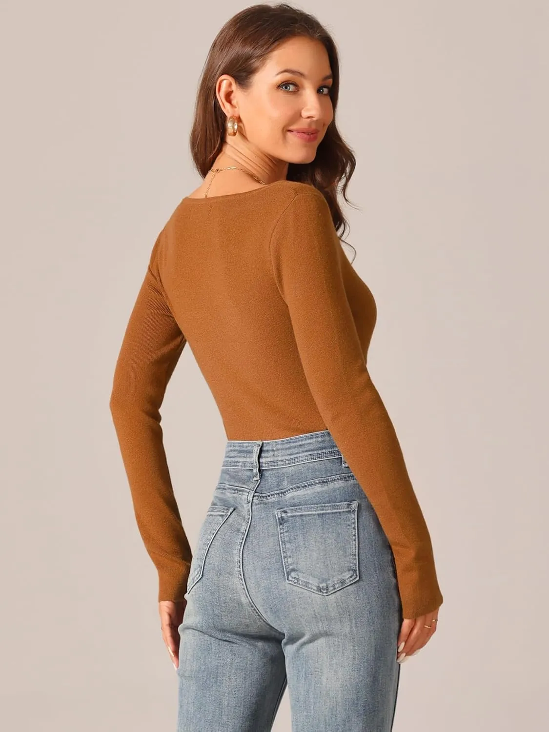 Seta T Women's Fall Winter Square Neck Long Sleeve Sweater Bodysuit Blouse Casual Tops
