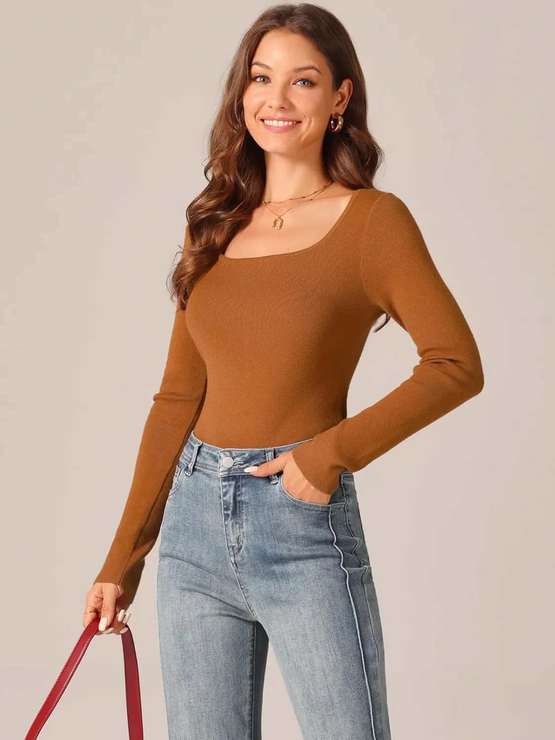Seta T Women's Fall Winter Square Neck Long Sleeve Sweater Bodysuit Blouse Casual Tops