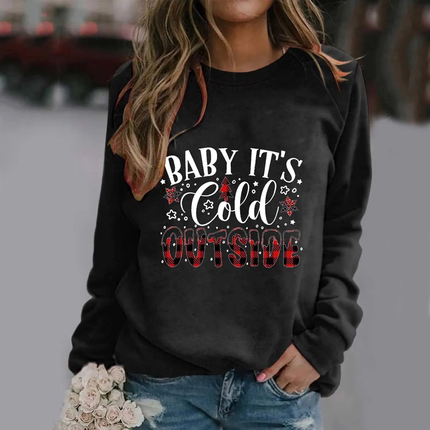 SHAOBGE Womens Christmas Print Sweatshirt Round Neck Fit Pullover Tops Casual Long Sleeve Workout Loose Winged Sweatshirt