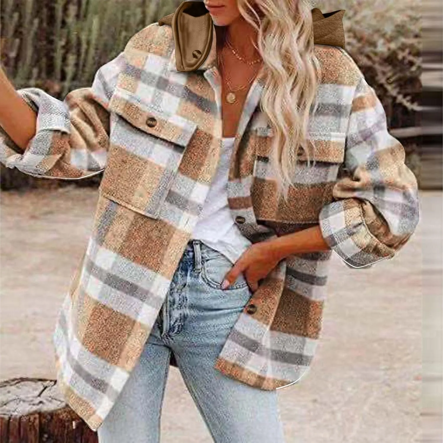 SHAOBGE Womens Plaid Shacket Fall Jacket Fleece Lined Button Down Peacoats Plaid Lapel Casual Coats Y2K Shirt Jackets 2023