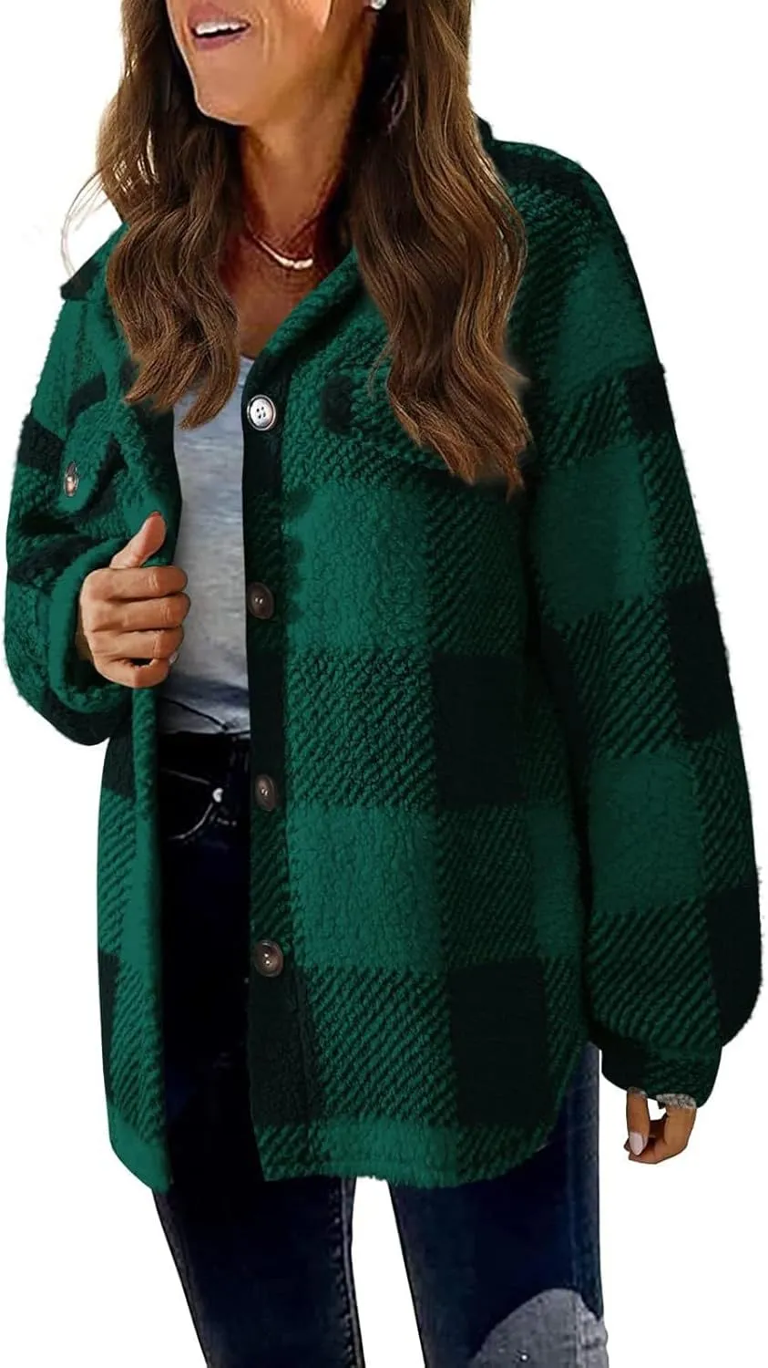 SHAOBGE Womens Plaid Shacket Fall Jacket Fleece Lined Button Down Peacoats Plaid Lapel Casual Coats Y2K Shirt Jackets 2023