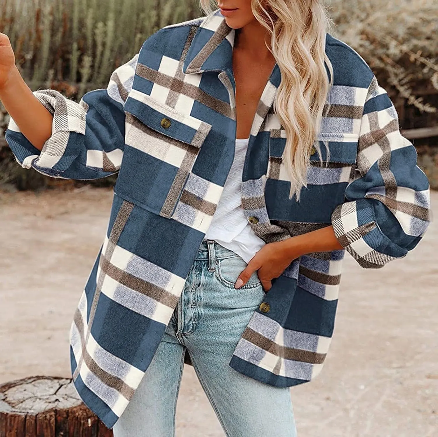 SHAOBGE Womens Plaid Shacket Fall Jacket Fleece Lined Button Down Peacoats Plaid Lapel Casual Coats Y2K Shirt Jackets 2023