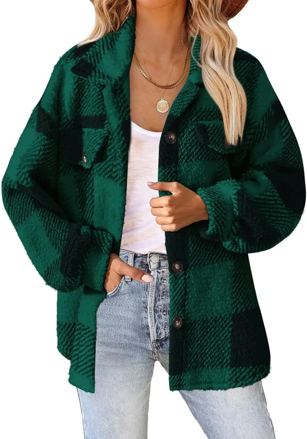 SHAOBGE Womens Plaid Shacket Fall Jacket Fleece Lined Button Down Peacoats Plaid Lapel Casual Coats Y2K Shirt Jackets 2023