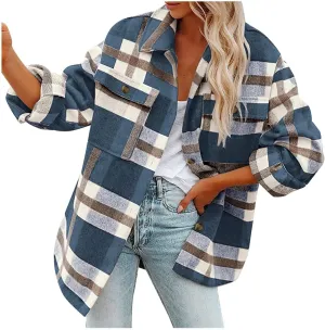 SHAOBGE Womens Plaid Shacket Fall Jacket Fleece Lined Button Down Peacoats Plaid Lapel Casual Coats Y2K Shirt Jackets 2023