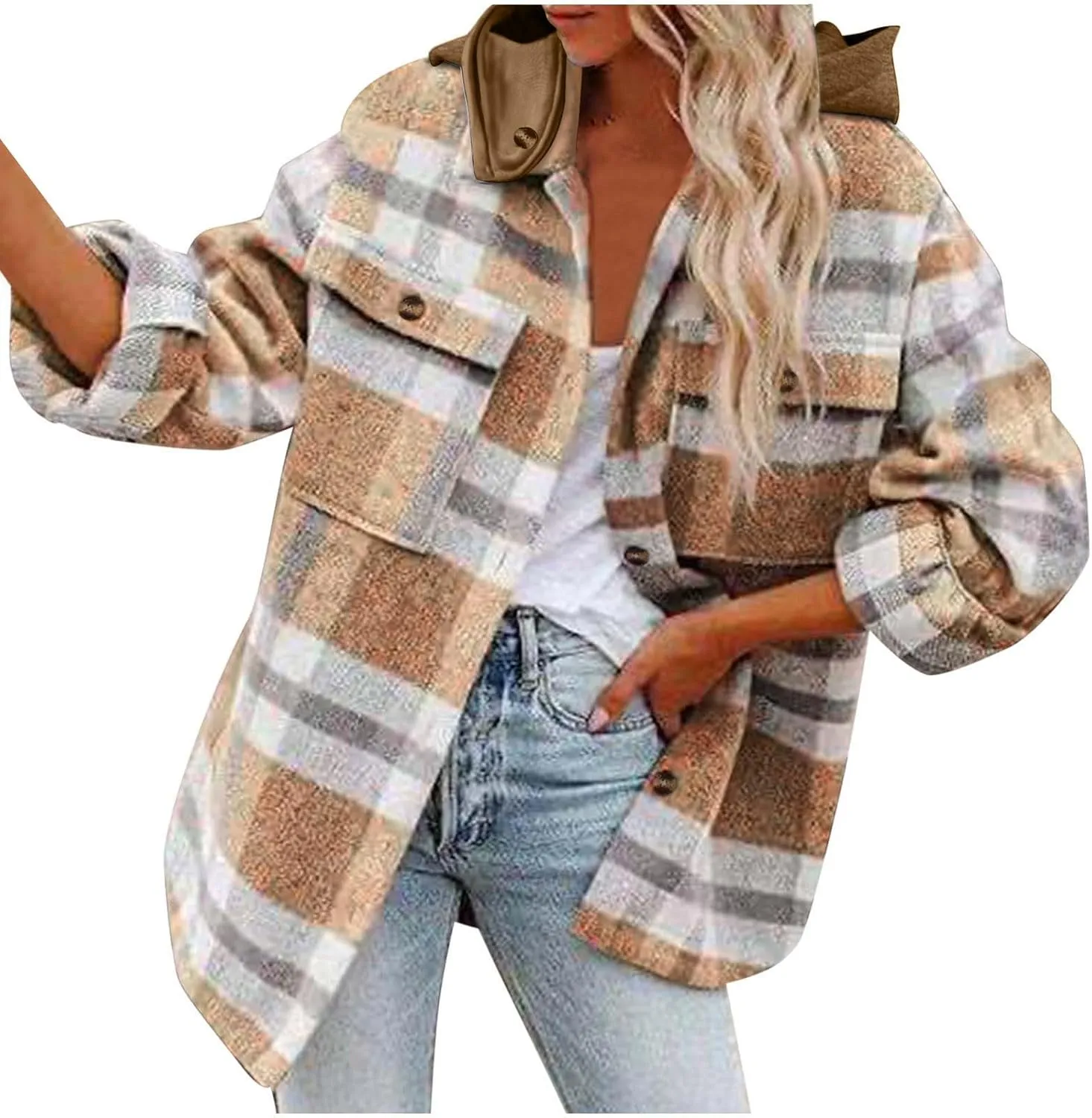 SHAOBGE Womens Plaid Shacket Fall Jacket Fleece Lined Button Down Peacoats Plaid Lapel Casual Coats Y2K Shirt Jackets 2023