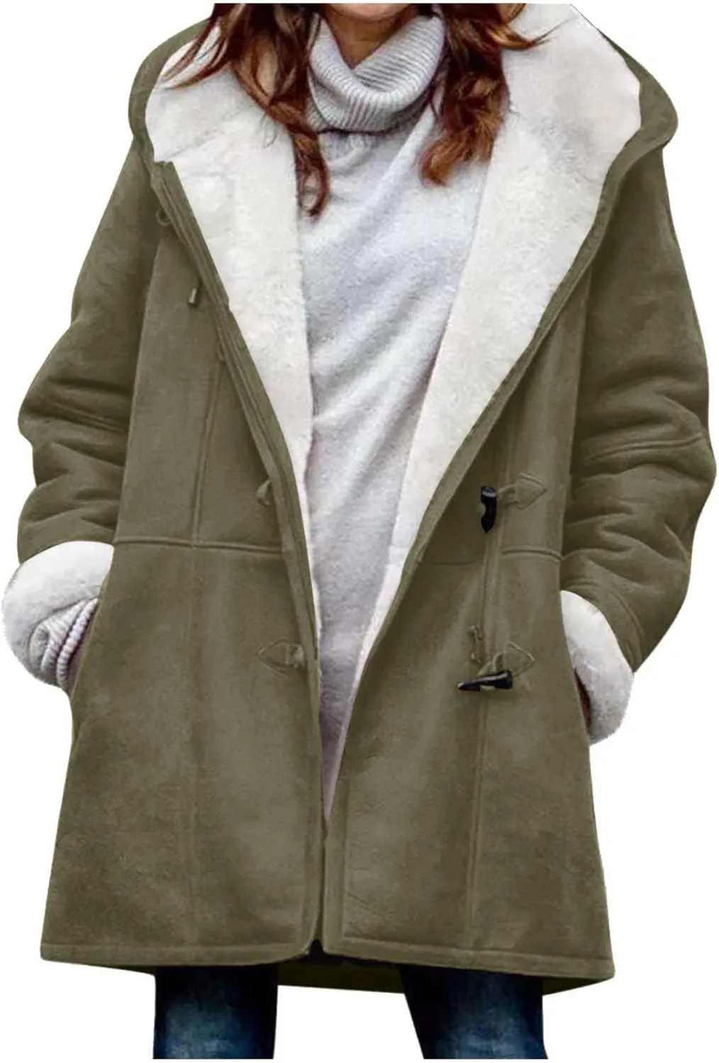 Sherpa Jacket for Women 2024 Winter Warm Coat Fleece Lined Coat Mid Length Winter Jacket Plus Size Sherpa Outwear