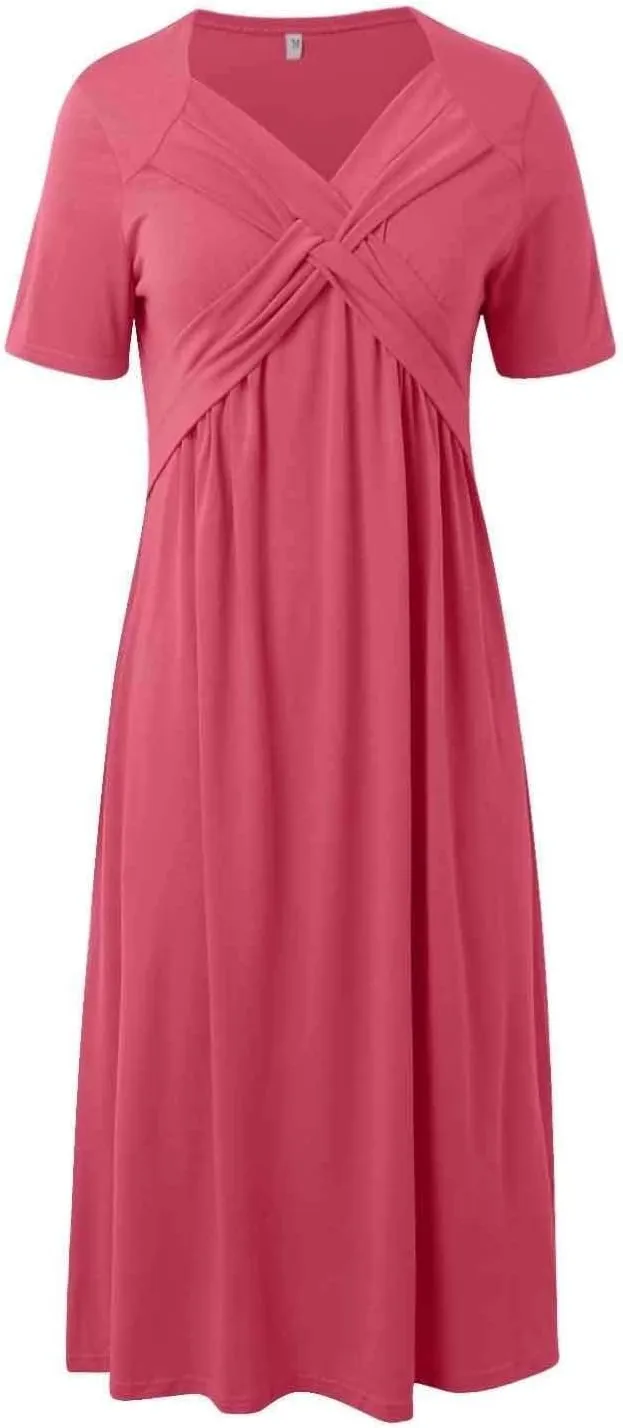 Short Sleeve Dress for Women with Pockets Casual Summer Wrap V Neck Short Sleeve Flowy Vacation Beach Midi Dress