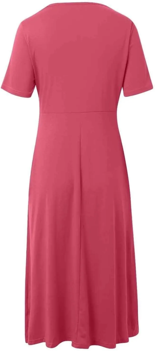 Short Sleeve Dress for Women with Pockets Casual Summer Wrap V Neck Short Sleeve Flowy Vacation Beach Midi Dress