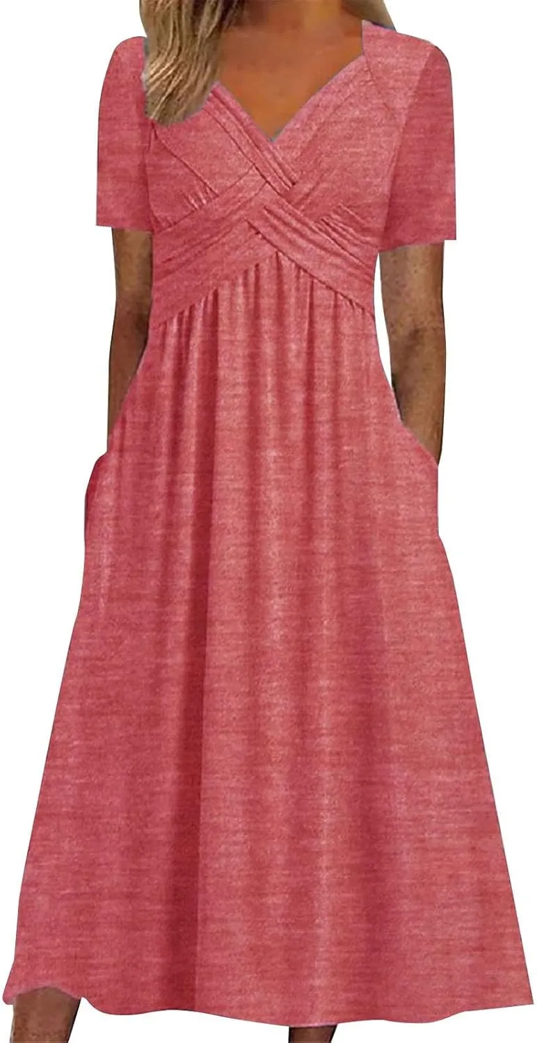 Short Sleeve Dress for Women with Pockets Casual Summer Wrap V Neck Short Sleeve Flowy Vacation Beach Midi Dress