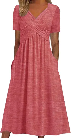 Short Sleeve Dress for Women with Pockets Casual Summer Wrap V Neck Short Sleeve Flowy Vacation Beach Midi Dress