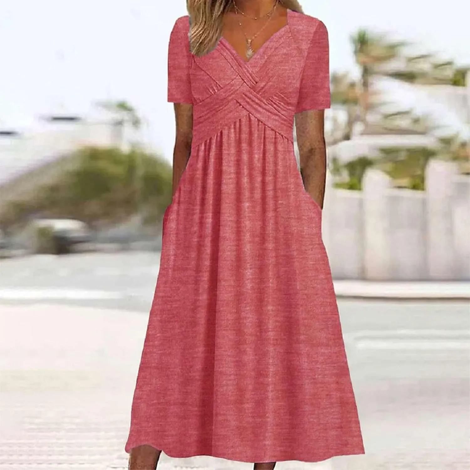 Short Sleeve Dress for Women with Pockets Casual Summer Wrap V Neck Short Sleeve Flowy Vacation Beach Midi Dress