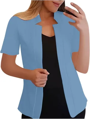 Short Sleeve Lightweight Open Front Cardigan for Women Notched Collar Work Office Blazer Slim Fitted Suit Jackets