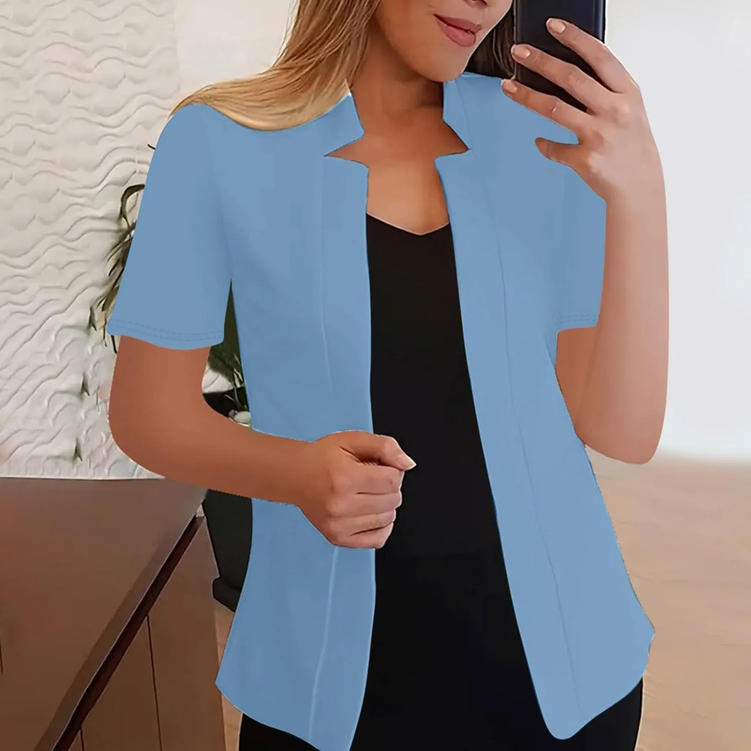 Short Sleeve Lightweight Open Front Cardigan for Women Notched Collar Work Office Blazer Slim Fitted Suit Jackets