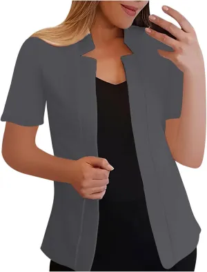 Short Sleeve Lightweight Suit Jackets Women Summer Casual Open Front Work Office Blazers Notch Collar Solid Cardigan