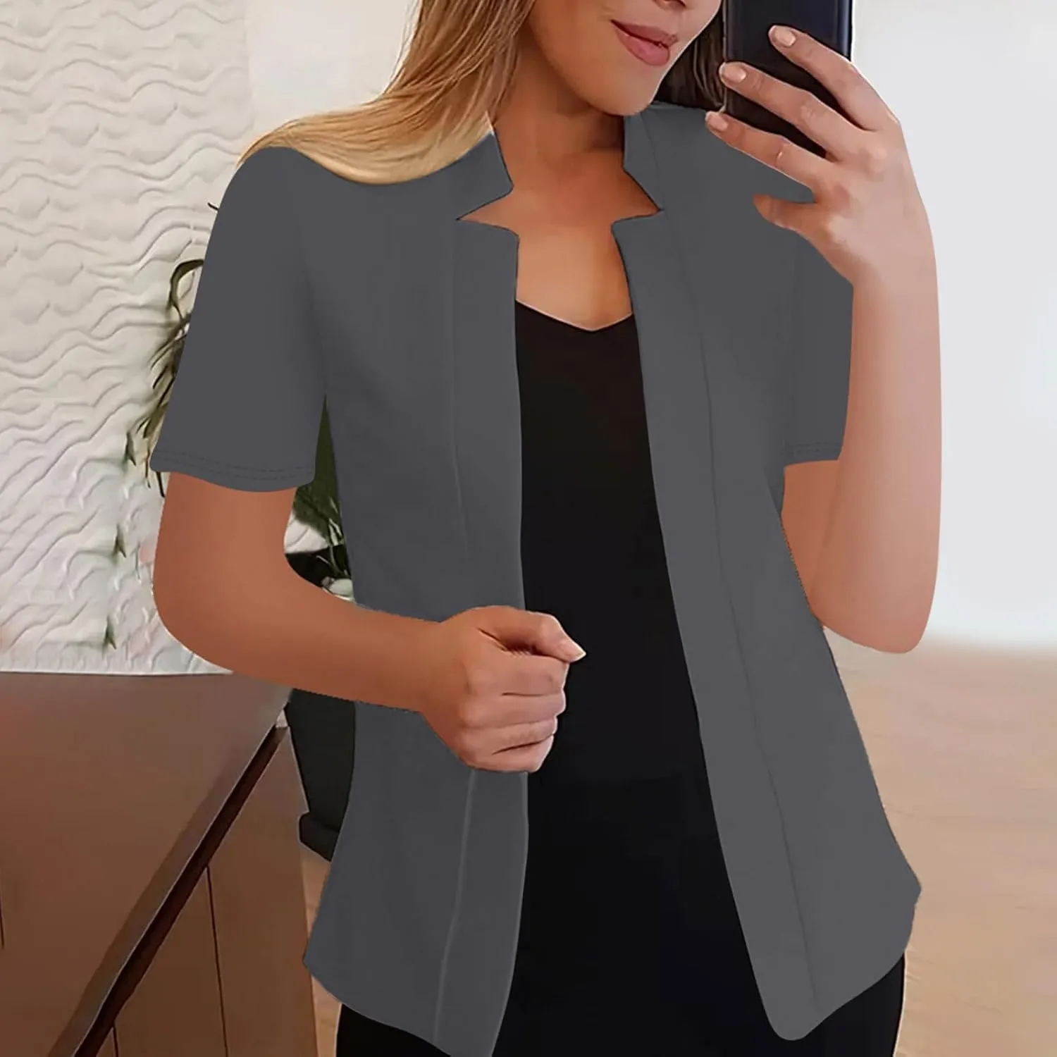 Short Sleeve Lightweight Suit Jackets Women Summer Casual Open Front Work Office Blazers Notch Collar Solid Cardigan