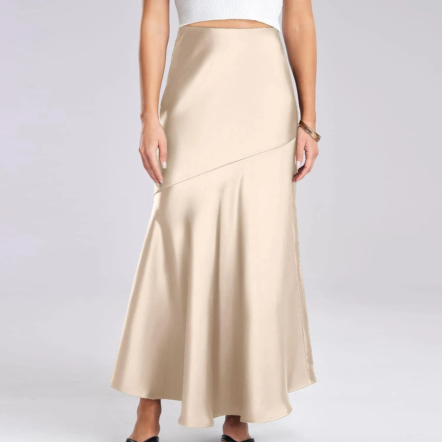 Silk Skirts Women Satin A-Line Maxi Long Ankle Length Elastic Waist Flared Flowy Mermaid Hem Wedding Elegant Skirt