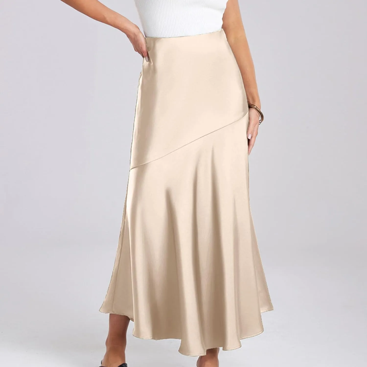 Silk Skirts Women Satin A-Line Maxi Long Ankle Length Elastic Waist Flared Flowy Mermaid Hem Wedding Elegant Skirt