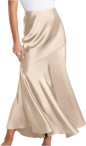 Silk Skirts Women Satin A-Line Maxi Long Ankle Length Elastic Waist Flared Flowy Mermaid Hem Wedding Elegant Skirt