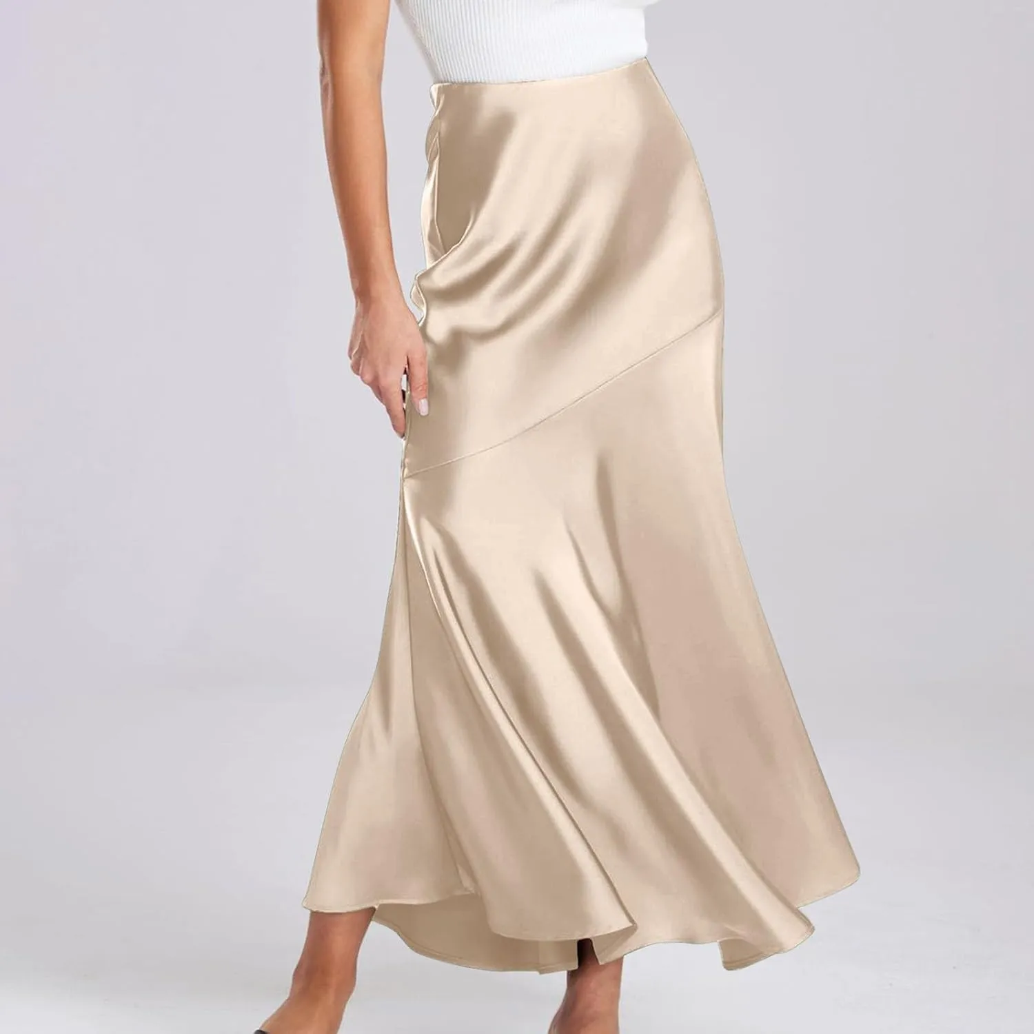 Silk Skirts Women Satin A-Line Maxi Long Ankle Length Elastic Waist Flared Flowy Mermaid Hem Wedding Elegant Skirt