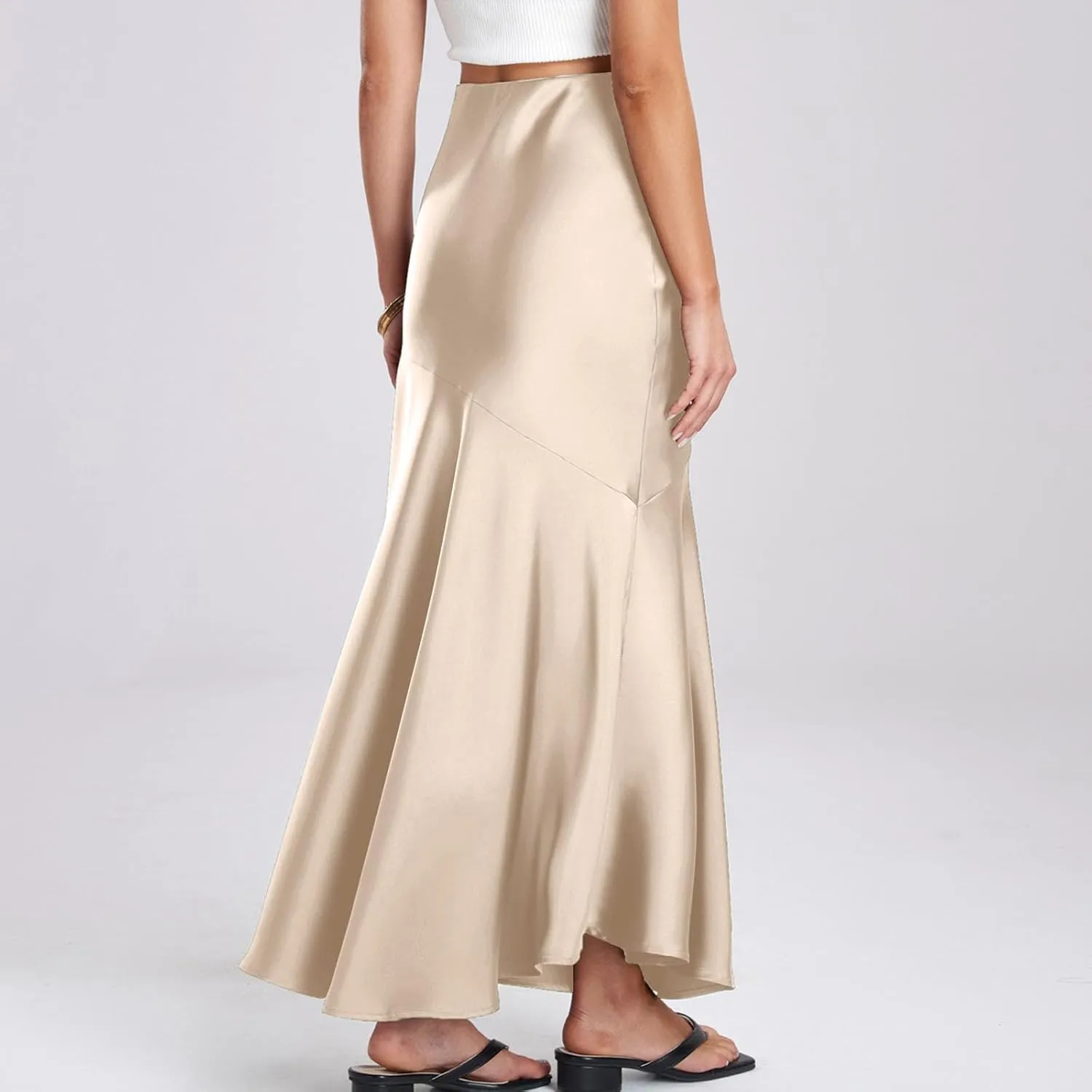 Silk Skirts Women Satin A-Line Maxi Long Ankle Length Elastic Waist Flared Flowy Mermaid Hem Wedding Elegant Skirt