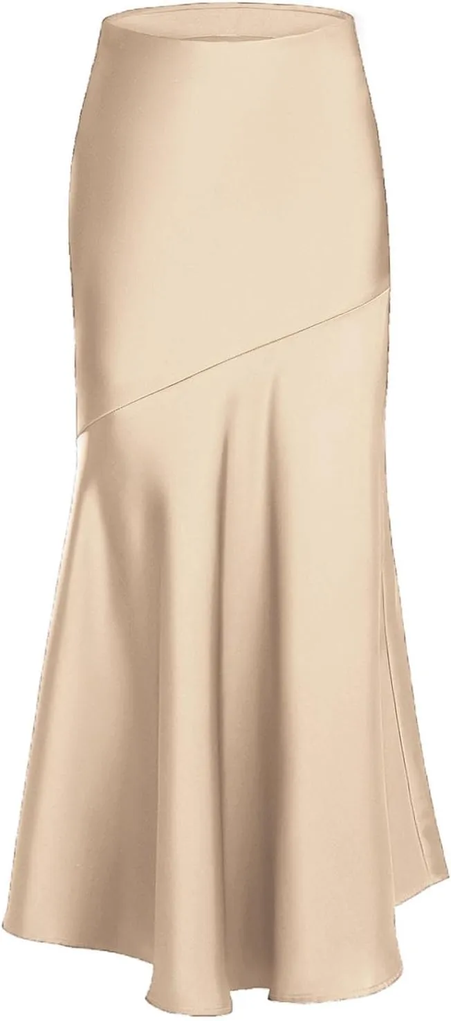 Silk Skirts Women Satin A-Line Maxi Long Ankle Length Elastic Waist Flared Flowy Mermaid Hem Wedding Elegant Skirt