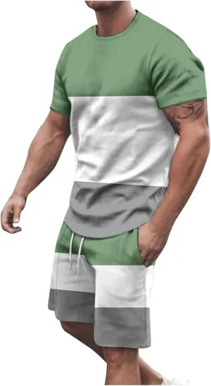 Sinzelimin Men's Workout Set Fashion Color Block Short Sleeves Crewneck T-Shirts and Athletic Shorts Two Piece Tracksuit Suit