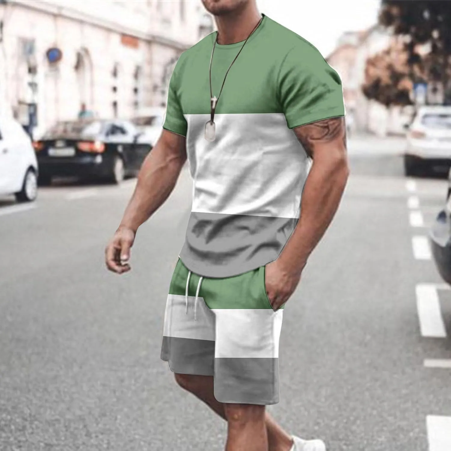 Sinzelimin Men's Workout Set Fashion Color Block Short Sleeves Crewneck T-Shirts and Athletic Shorts Two Piece Tracksuit Suit