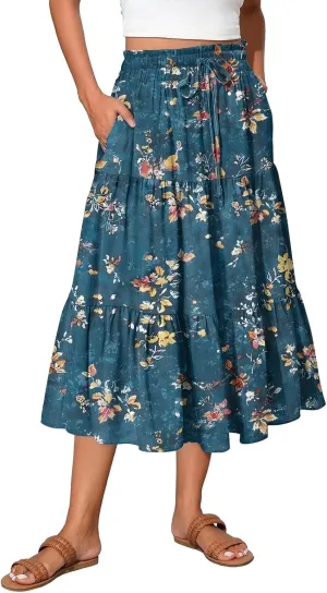 Skirts for Women Summer Midi Skirt High Waist Skirts Knee Length Tiered A Line Floral Graphic Boho Skirt with Pocket