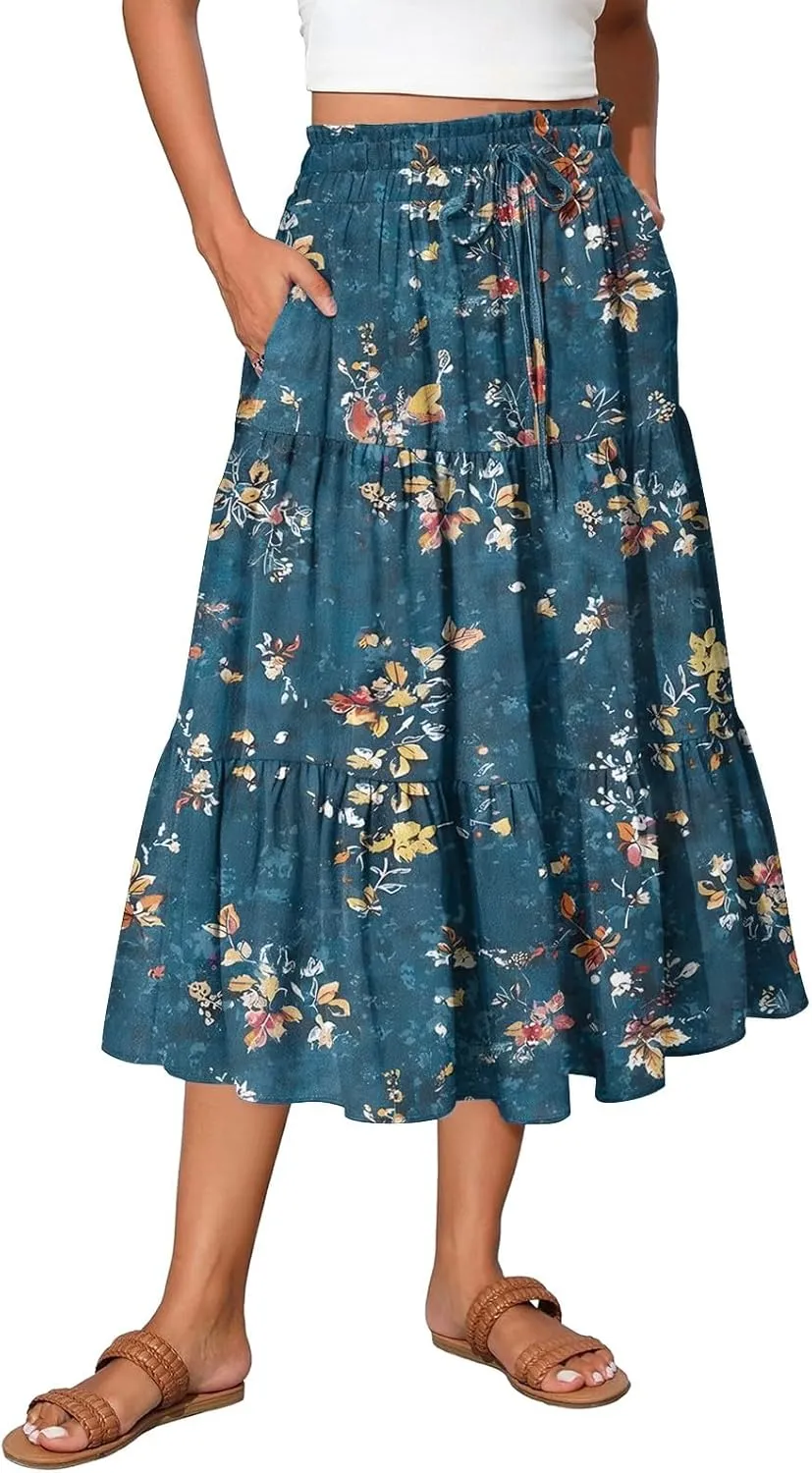Skirts for Women Summer Midi Skirt High Waist Skirts Knee Length Tiered A Line Floral Graphic Boho Skirt with Pocket