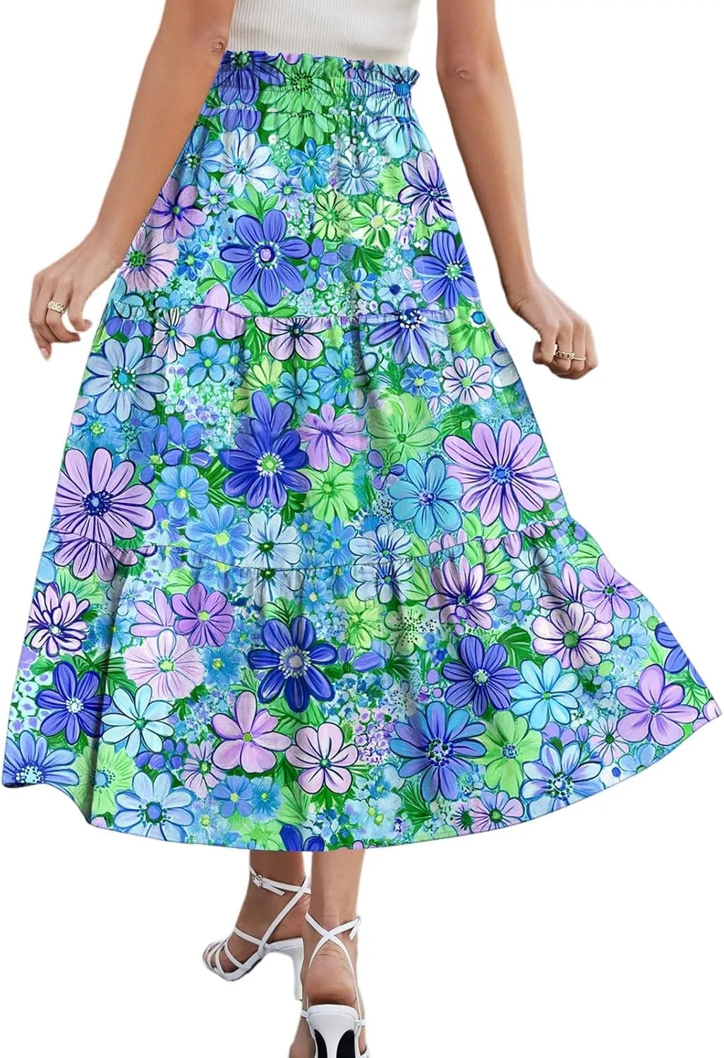 Skirts for Women Summer Midi Skirt High Waist Skirts Knee Length Tiered A Line Floral Graphic Boho Skirt with Pocket