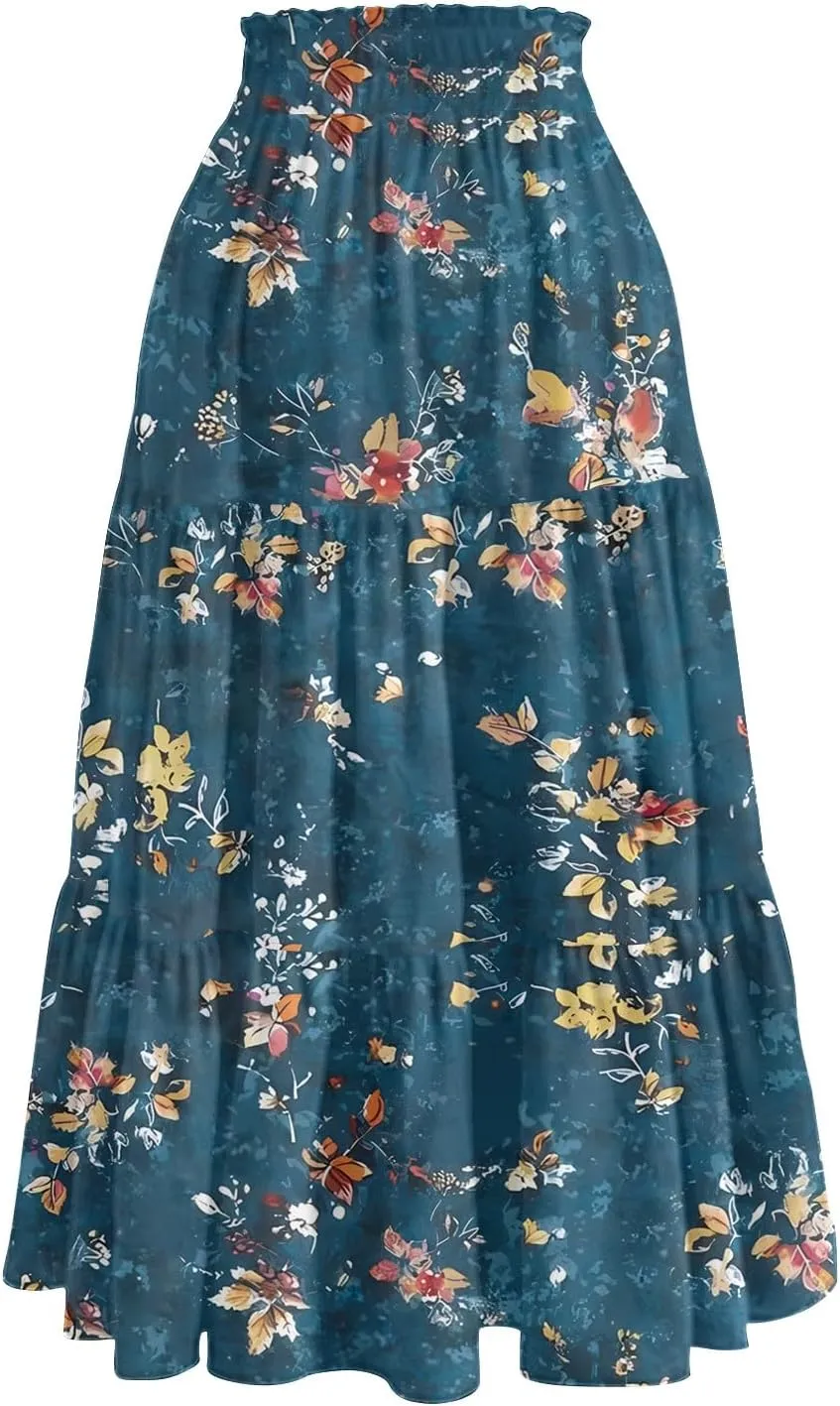 Skirts for Women Summer Midi Skirt High Waist Skirts Knee Length Tiered A Line Floral Graphic Boho Skirt with Pocket