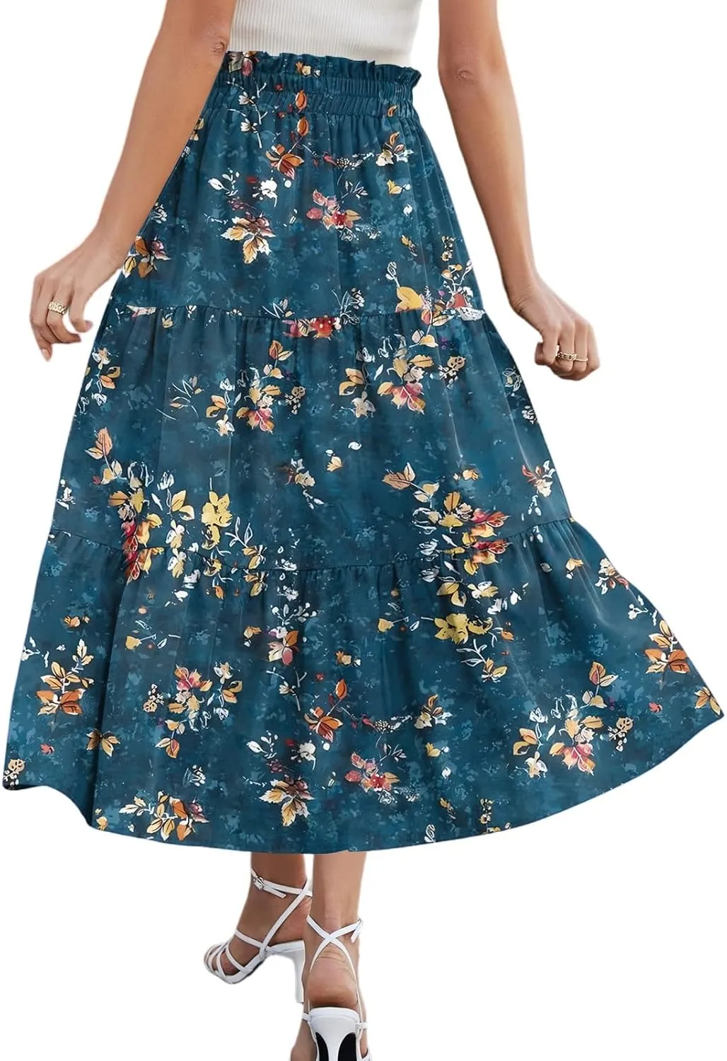Skirts for Women Summer Midi Skirt High Waist Skirts Knee Length Tiered A Line Floral Graphic Boho Skirt with Pocket