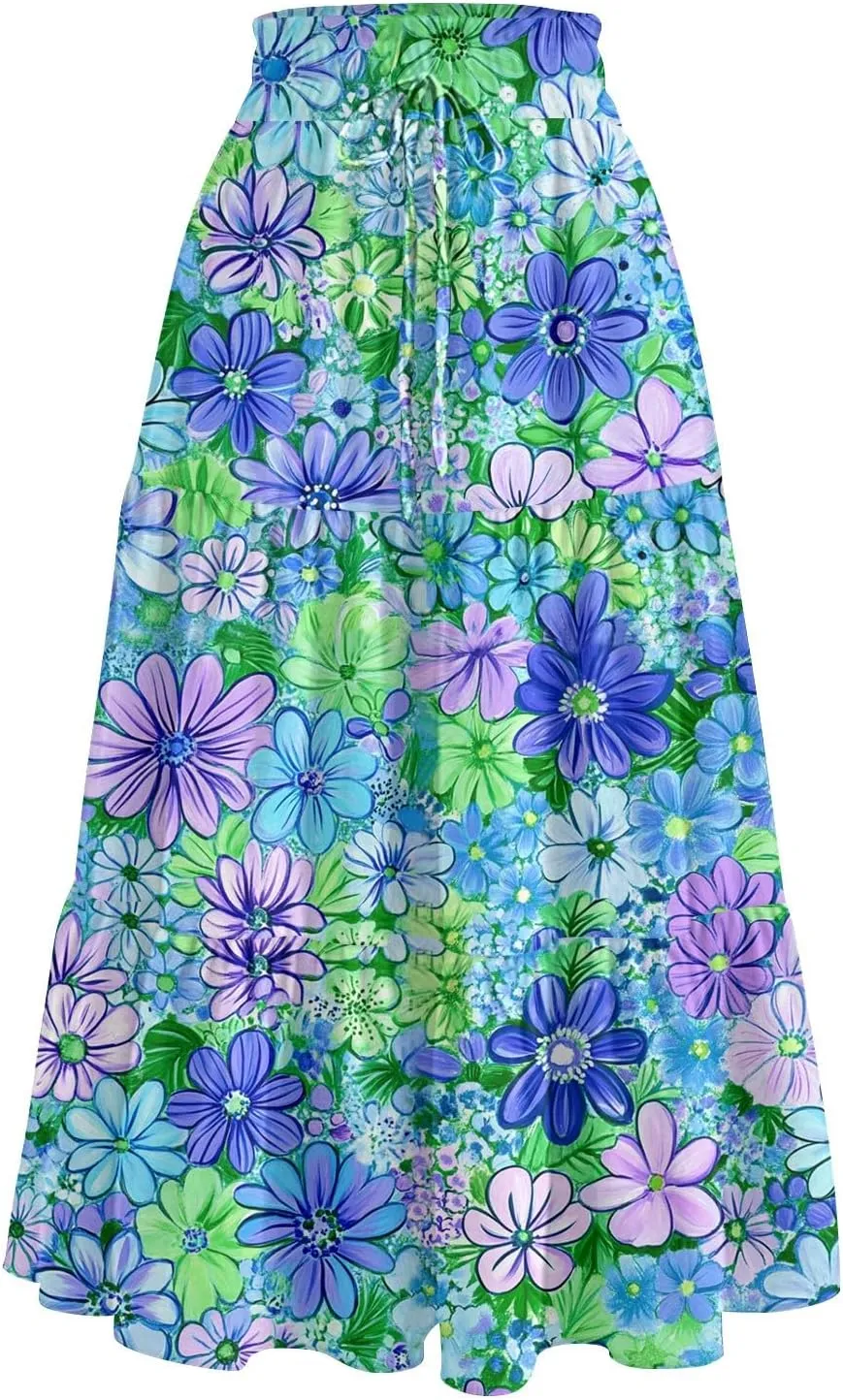 Skirts for Women Summer Midi Skirt High Waist Skirts Knee Length Tiered A Line Floral Graphic Boho Skirt with Pocket
