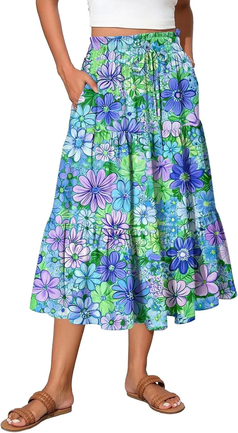 Skirts for Women Summer Midi Skirt High Waist Skirts Knee Length Tiered A Line Floral Graphic Boho Skirt with Pocket