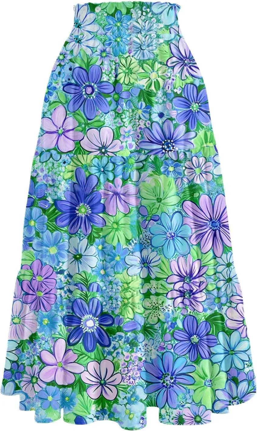 Skirts for Women Summer Midi Skirt High Waist Skirts Knee Length Tiered A Line Floral Graphic Boho Skirt with Pocket