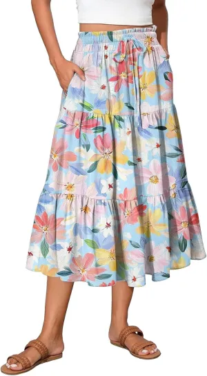 Skirts for Women Summer Midi Skirt High Waist Skirts Knee Length Tiered A Line Floral Graphic Boho Skirt with Pocket