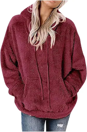 SMIDOW Women Casual Fuzzy Sweatshirt Faux Fleece Pullover Hoodies Cozy Oversized Pockets Hooded Sweatshirts Fall Fashion 2023